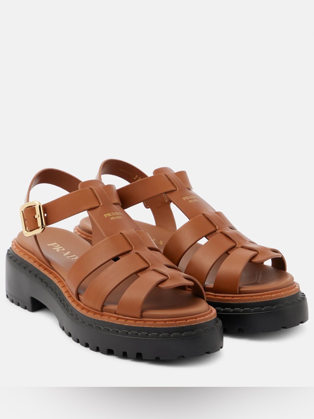 Prada Leather Double Buckle Women's Brown Leather Fisherman Sandals